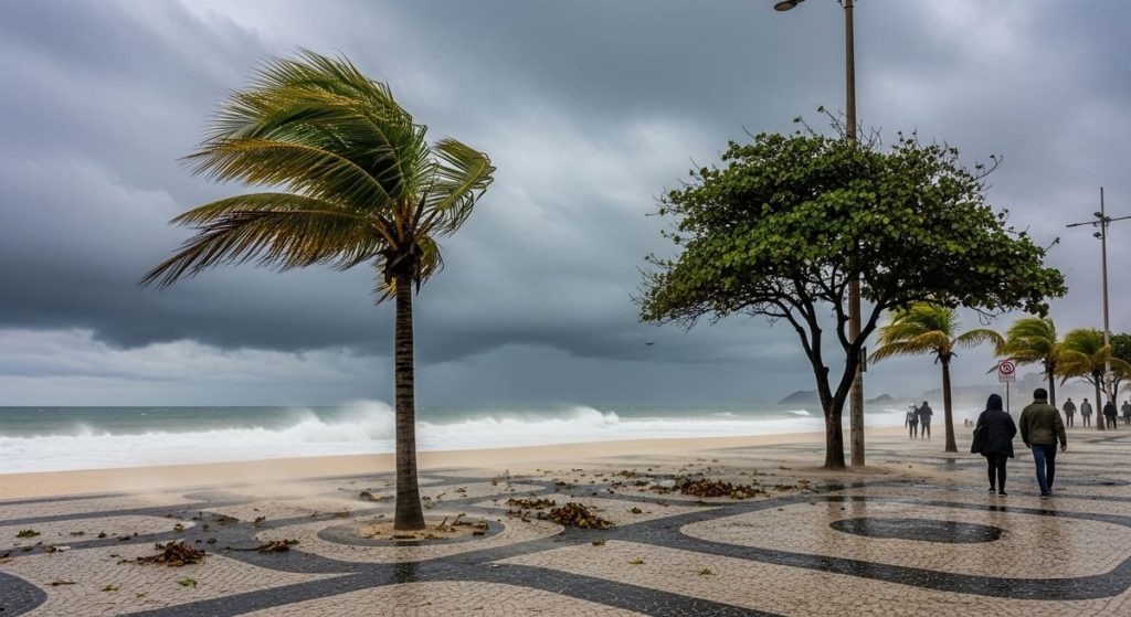 Ventania, Mar, Céu Nublado, Pedestres, Calçada, Arvores,
