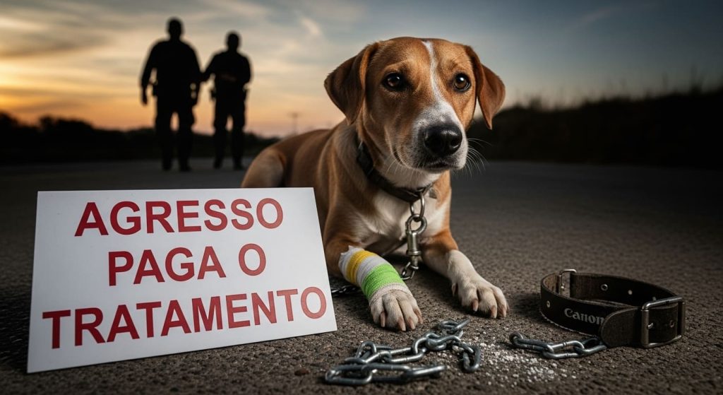 Cachorro E Placa Avisando Que O Agressor Agora Paga O Tratamento Do Animal