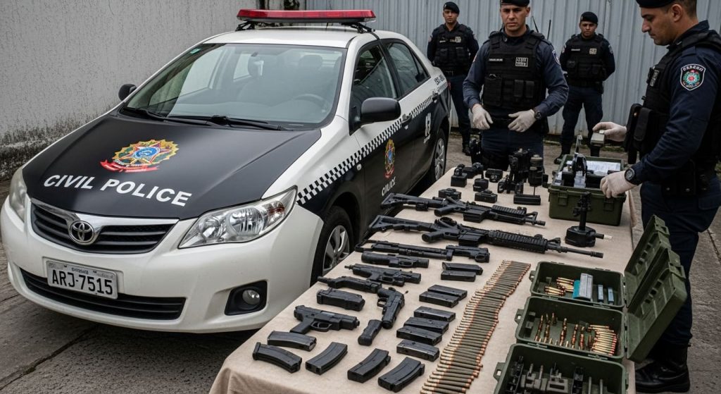 Policiais, Viatura, E Armas E Munições Na Mesa