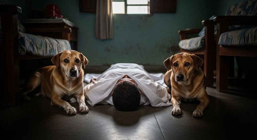 Homem Morto, Cães, Interior Da Casa, Janela, Pano Branco,