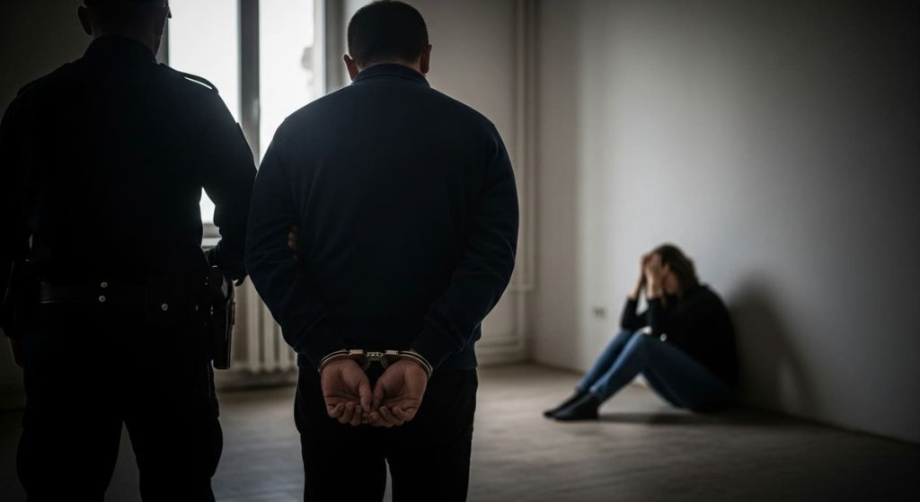 Homem Preso, Agressão, Algemado, Paredes Claras, Mulher Triste,