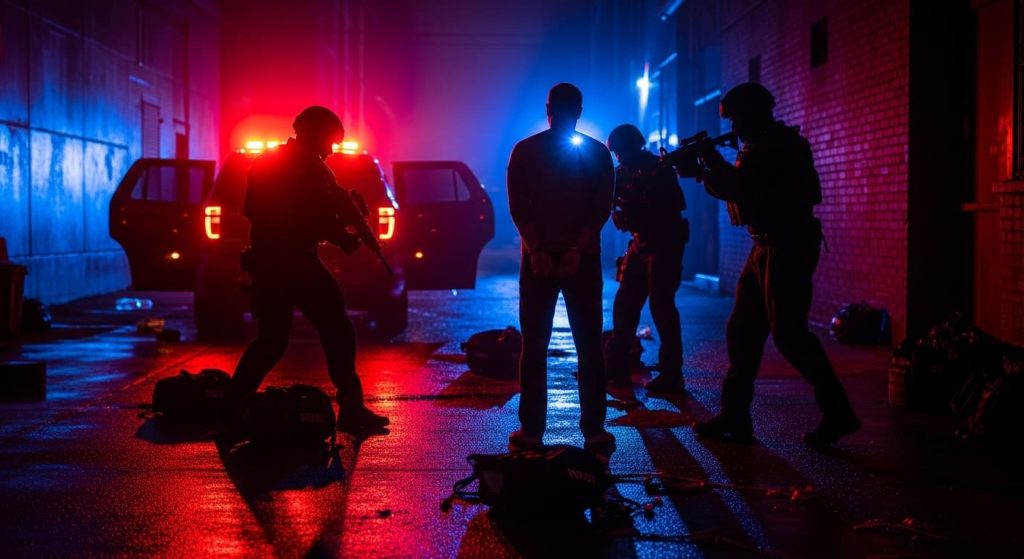 Varios Homens Em Ação Policial A Noite Sobre A Luz De Sirenes