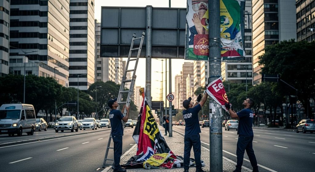 Pessoas Removendo As Publicidades Da Rua