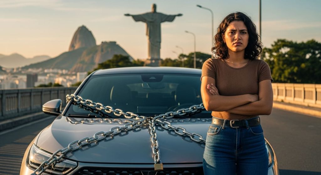 Mulher Chateada Ao Lado Do Carro Preso Com Correntes E Cadeado