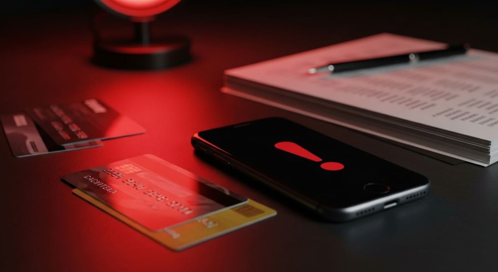 Celular, Alerta, Cartão De Crédito, Documentos, Iluminação Vermelha, Mesa,