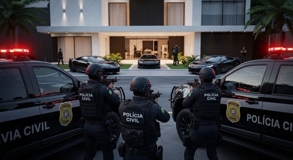 Policiais Civis Em Frente A Uma Casa De Luxo