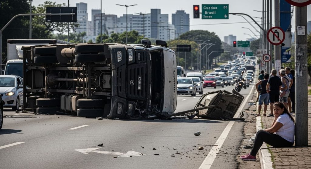 Acidente, Carreta Tombada, Mulher Sentada, Pista Parada,