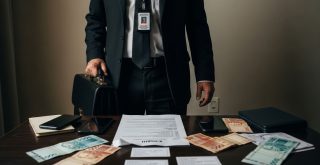 homem vestido com terno e gravata com documentos e dinheiro na mesa
