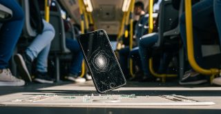 celular caido no chao do onibus com a tela trincada
