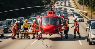 helicoptero no minha da estrada realizando um resgate
